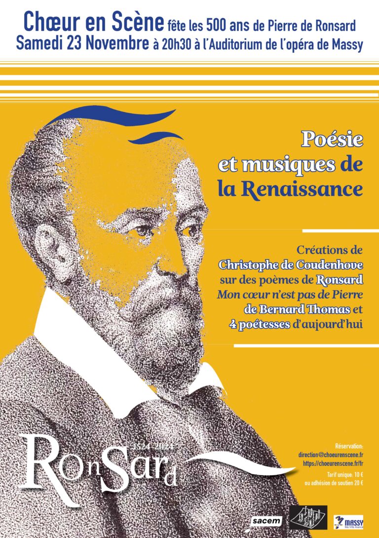 Affiche du spectacle de poésies et musiques de la Renaissance et contemporaines célébrant les 500 ans de Pierre de Ronsard, le 23/11/2024 à Massy (91).