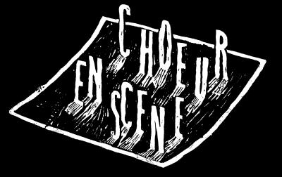 Logo Chœur en Scène, dessin noir sur blanc, les lettres apparaissent comme des personnages sur scène , de Nathalie Troxler